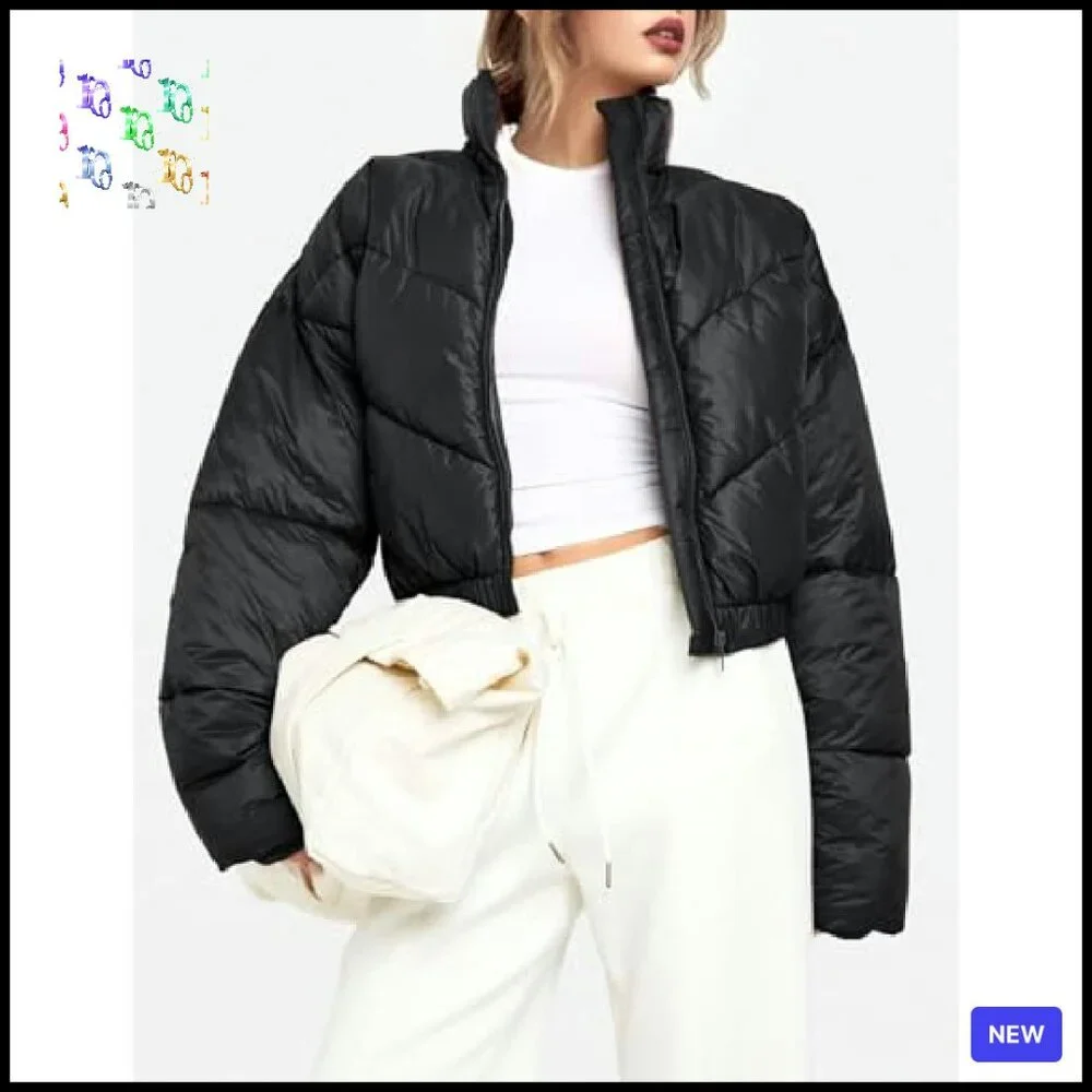 Cropped Puffer Jacket Winter Warm Quilted Zip Up Stand Collar Chic - Picture 5 of 7